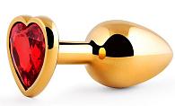 Купить Золотистая анальная пробка с красным стразом-сердечком - 8 см. в Москве.