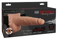 Купить Телесный полый страпон с имитацией эякуляции 7.5  Hollow Squirting Strap-On with Balls Flesh - 21,6 см. в Москве.