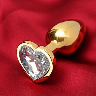 Купить Золотистая анальная пробка с прозрачным кристаллом в форме сердца в Москве.
