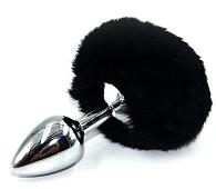 Купить Серебристая округлая анальная пробка с заячьим хвостиком черного цвета - 11,5 см. в Москве.
